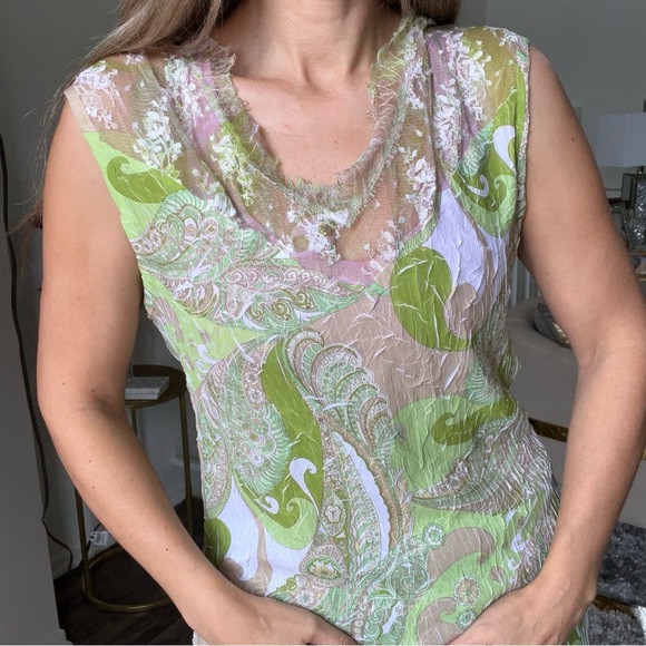 Komarov Vtg Green White Paisley Sleeveless V Neck Women’s Top Stretch Soft L - Picture 3 of 10